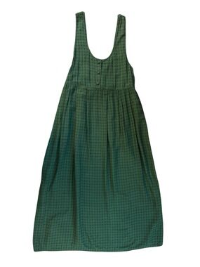 VTG 90s Take Nine Maternity Green Plaid Maxi Jumper Dress Rayon Tie Back L Flowy